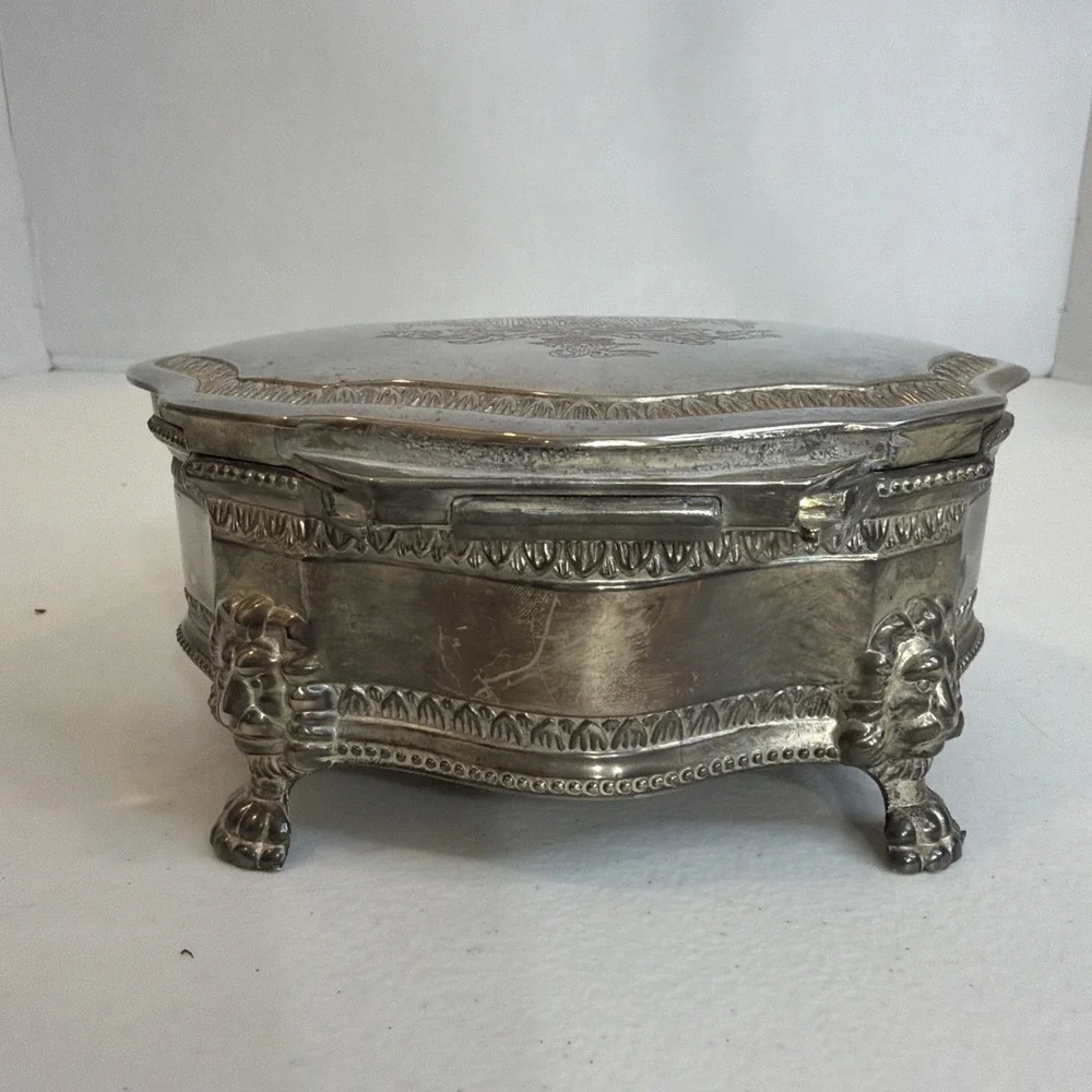 Vintage Silver Plated Jewelry Trinket Box Lion Feet British Royal Coat of Arms